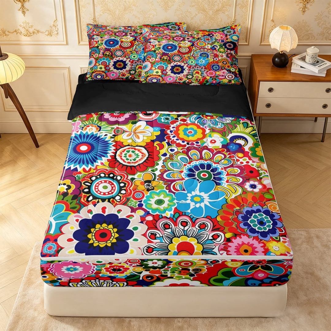 meiyoeat Vibrant Floral Zipper Full Size Comforter Sets with Fitted Sheet and 2 Pillowcases For Men Women,Multicolor Pattern Zipper Bedding Set,Rainbow,Black Reversible,4 Pieces