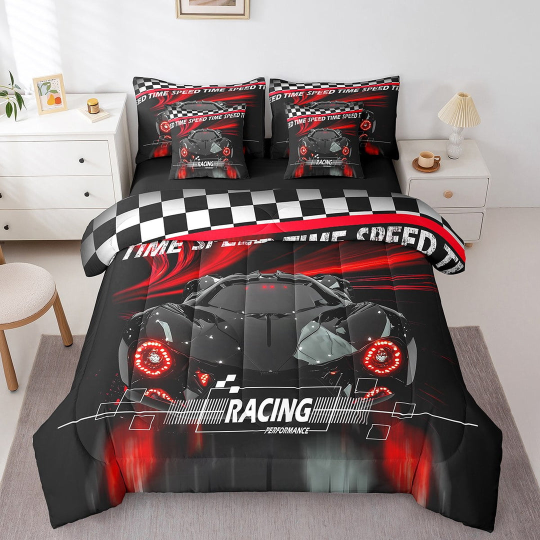Erosebridal Black Car Bedding Sets Twin Size,Extreme Sport Comforter Sets with Sheets,Geometric Buffalo Bed in a Bag Twin size,Breathable Automobile Room Decor,Reversible,7pcs