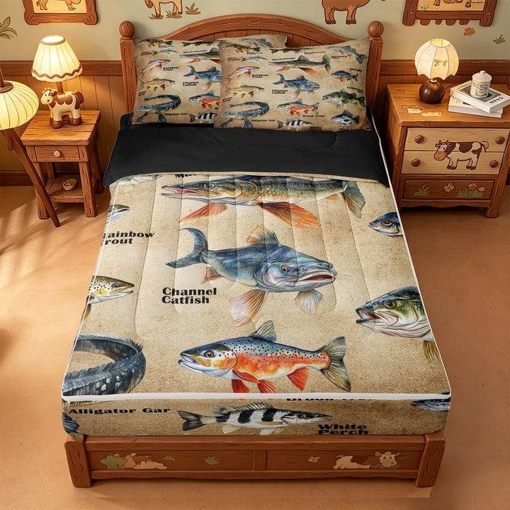 meiyoeat Vintage Pike Fish Zipper Twin Comforter Sets with Fitted Sheet and 2 Pillowcases For Kids Boys,Rustic Farmhouse Hunting Zipper Bedding Set Men,Black Reversible,4-Piece