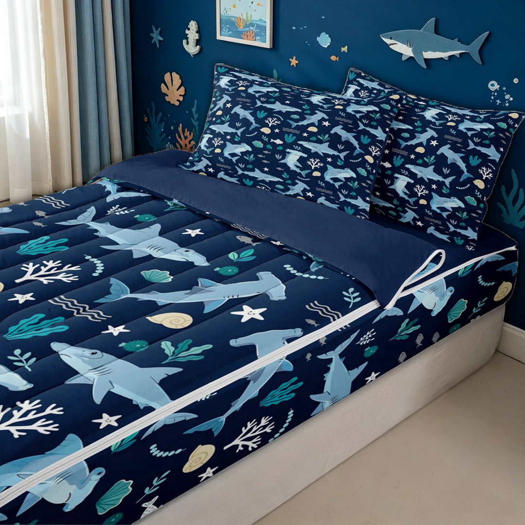 meiyoeat Hammerhead Shark Zipper Twin Comforter Sets with Fitted Sheet and 2 Pillowcases for Kids Boys, Underwater Sealife Zipper Bedding Set for Bedroom, Navy, Blue ReversibleB