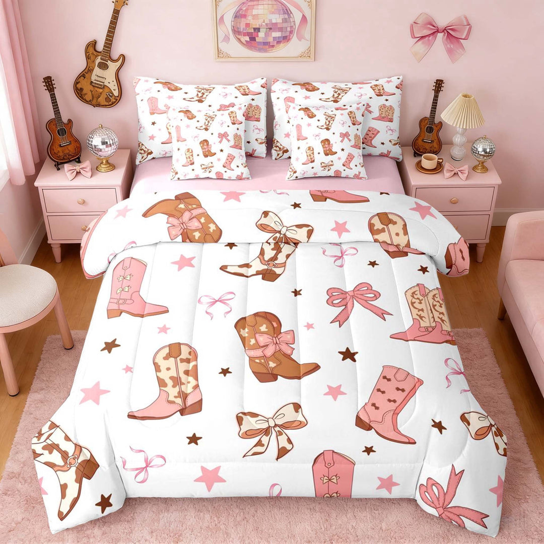 Erosebridal White Pink Cowgirl Boots Bow Star Print Twin Bedding Sets, Western Style Bedding Comforter Set for Girls, Pink Reversible 7 Pieces