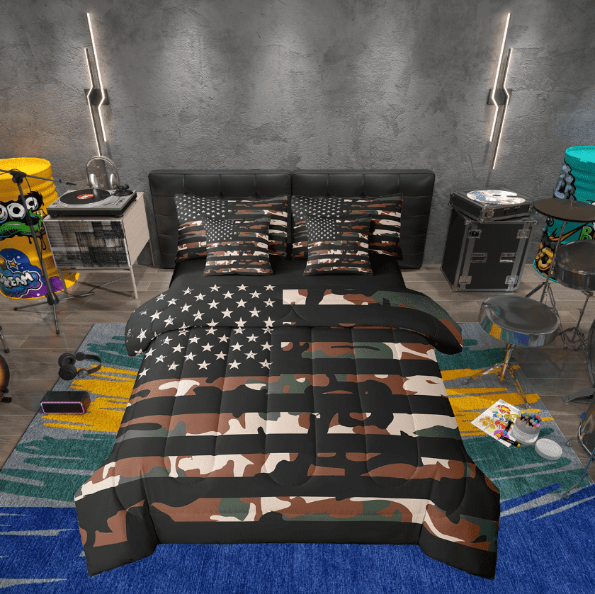 Erosebridal Army Camouflage Bedding Twin Size, American Flag Bedding Sets Twin Size, Military Camo Decor, Reversible 7pcs