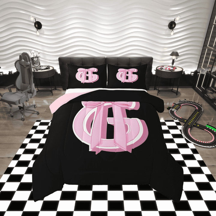 Erosebridal Kawaii Initial Letter Comforter Sets Twin Size, Monogrammed G Comforters &amp; Duvets, Pink Ribbon Cow Reversible Duvet Insert, Ultra Soft Bedroom Decoration, 2pcs