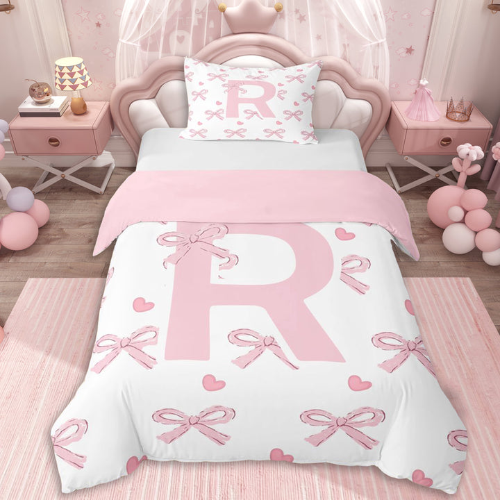 Erosebridal Girls Personalized R Initial Twin Bedding,Cartoon Pink Bow Love Heart Duvet Cover Set For Kids,Pink Reversible,Luxury Bedroom Decor,2pcs,No Comforter