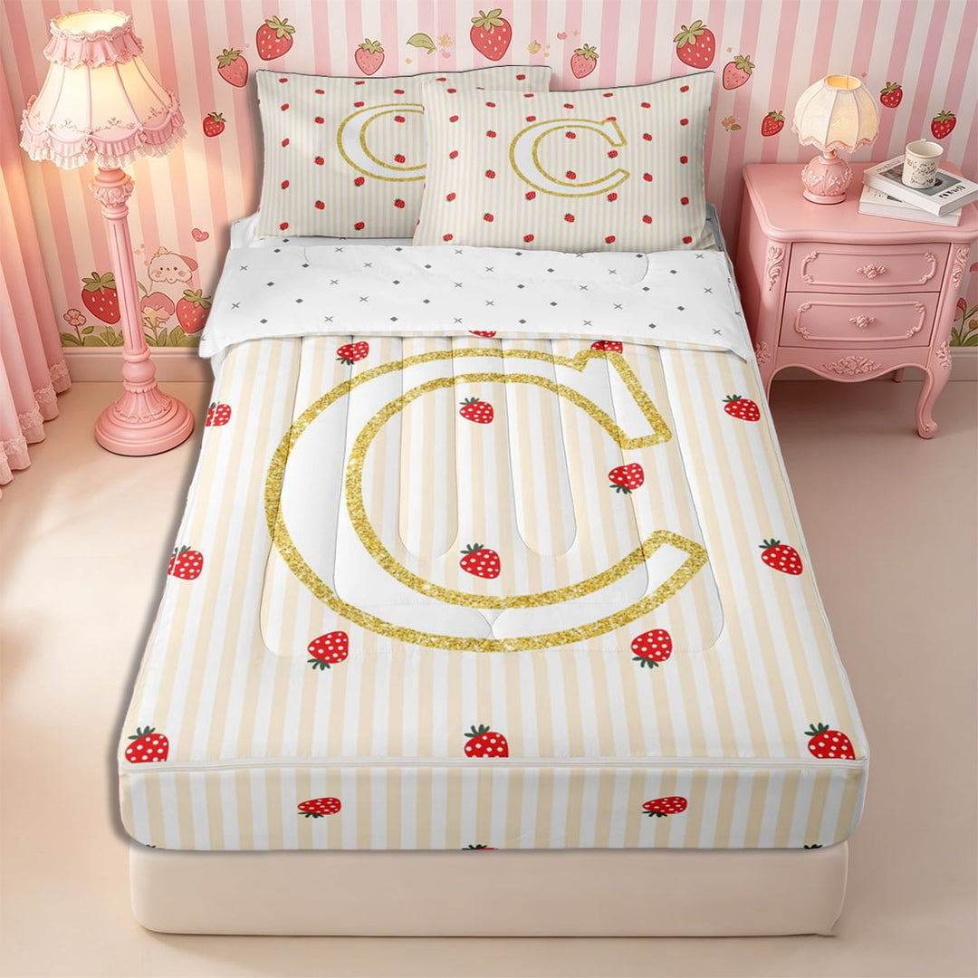 Meiyoeat Red Strawberry Letter C Zipper Full Size Comforter Sets with Fitted Sheet and 2 Pillowcases for teens, Kawaii Fruit Stripe Print Zipper Bedding Set, Gold Red,4pcs