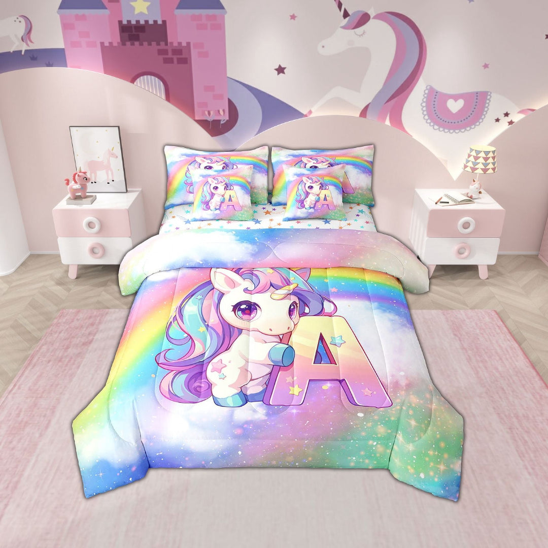Erosebridal Cartoon Unicorn Bedding Sets Twin Size, Initial A Letter Comforter Sets with Sheets, Bling Rainbow Reversible Bedding Twin Size, Lightweight Room Decorative, 7pcs