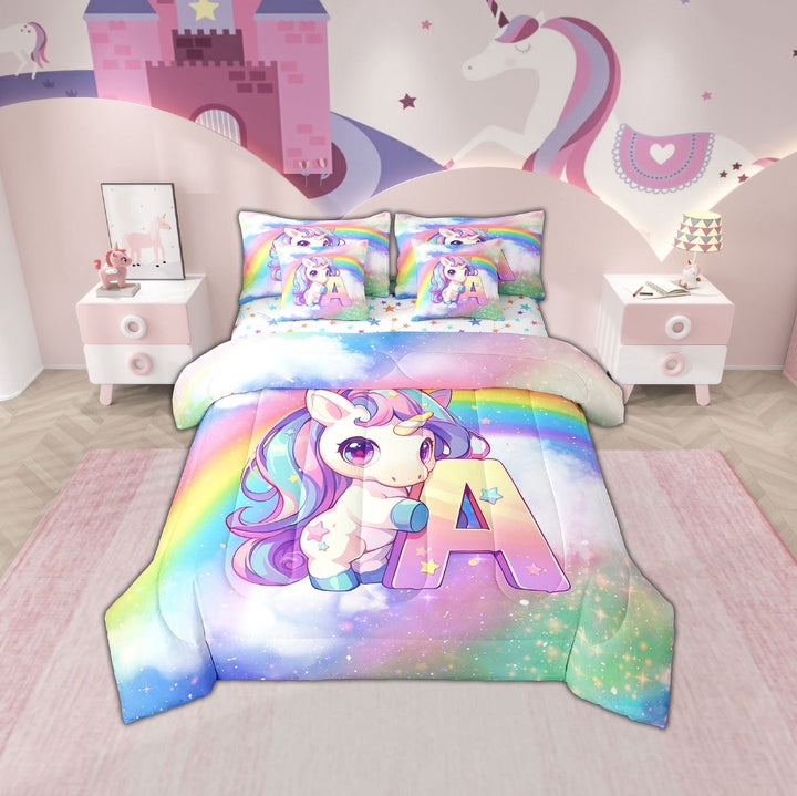 Erosebridal Cartoon Unicorn Bedding Sets Twin Size, Initial A Letter Comforter Sets with Sheets, Bling Rainbow Reversible Bedding Twin Size, Lightweight Room Decorative, 7pcs