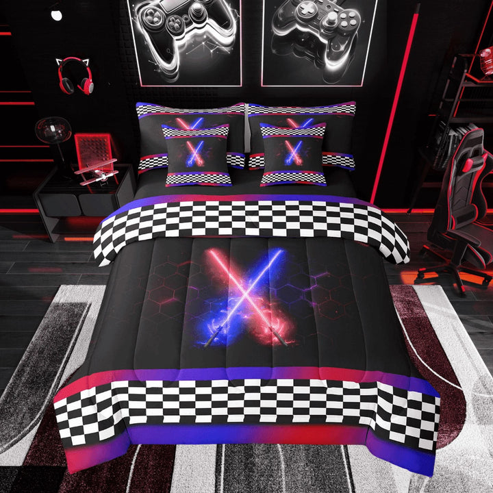 Erosebridal Lightning Bedding Sets Twin Size for Teens, Black White Checkered Comforter Sets with Sheets, Geometric Decor, Reversible