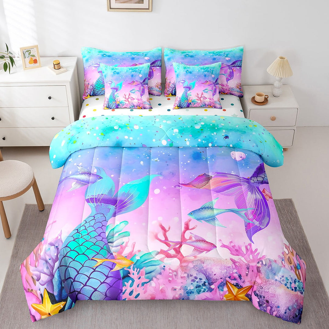 Mermaid Tail Print Bedding Full Size 7 Pieces Pink Blue Watercolor Comforter Set, Ocean Sea Fish Bedding Comforter Sets Underwater World Coral Bed in a Bag, Summer Beach Bedding Accessories