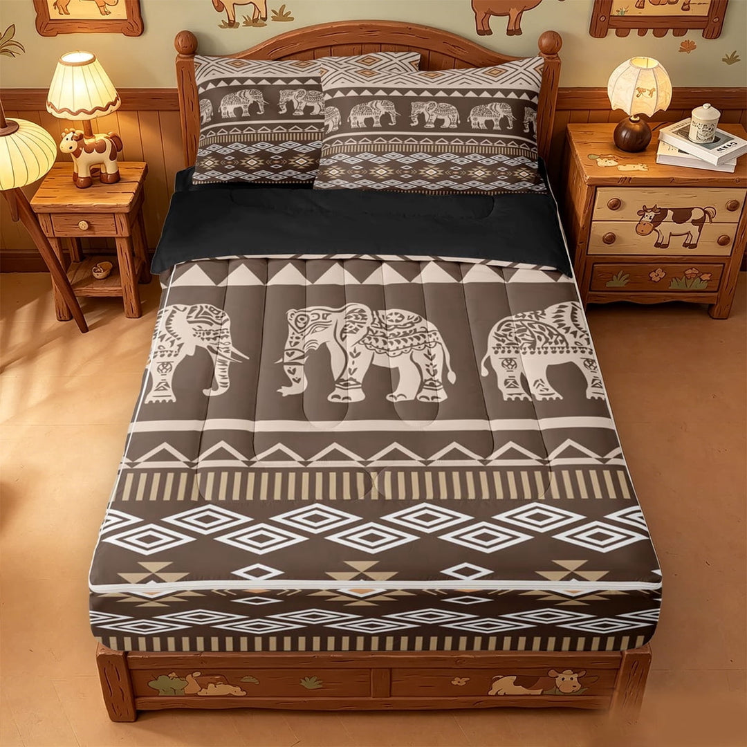 meiyoeat Earthy Elephant Zipper Full Size Comforter Sets with Fitted Sheet and 2 Pillowcases,Boho Pattern Zipper Bedding Set For Boys,Brown Beige,Black Reversible,4pcs
