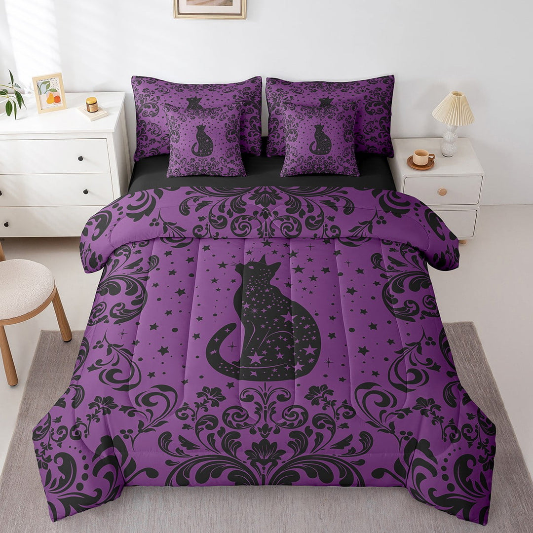 Boho Black Cat Queen Bedding Set 7 Piece Purple Black Halloween Gothic Comforter Set With Sheets Women Exotic Damask Goth Cat Bed In A Bag Hippie Stars Moon Animal Bed Set