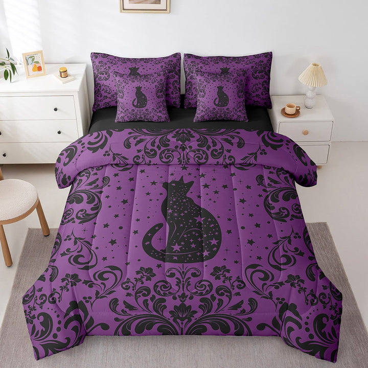 Boho Black Cat Queen Bedding Set 7 Piece Purple Black Halloween Gothic Comforter Set With Sheets Women Exotic Damask Goth Cat Bed In A Bag Hippie Stars Moon Animal Bed Set