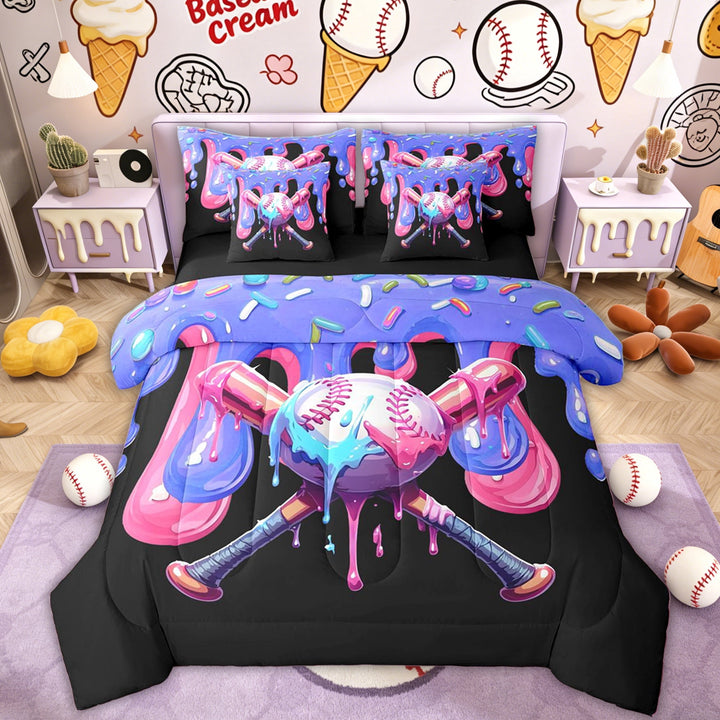 Erosebridal Cartoon Baseball Kid Twin Bedding Sets, Kawaii Ice Cream Drip Bedding Comforter Set, 7 Pieces