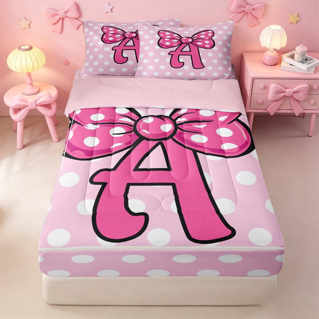 meiyoeat Pink Polka Dot Bow Monogram A Zipper Full Size Comforter Sets with Fitted Sheet and 2 Pillowcases For Girls,Cute Initial Design Zipper Bedding Set,Pink Reversible,4 Pieces
