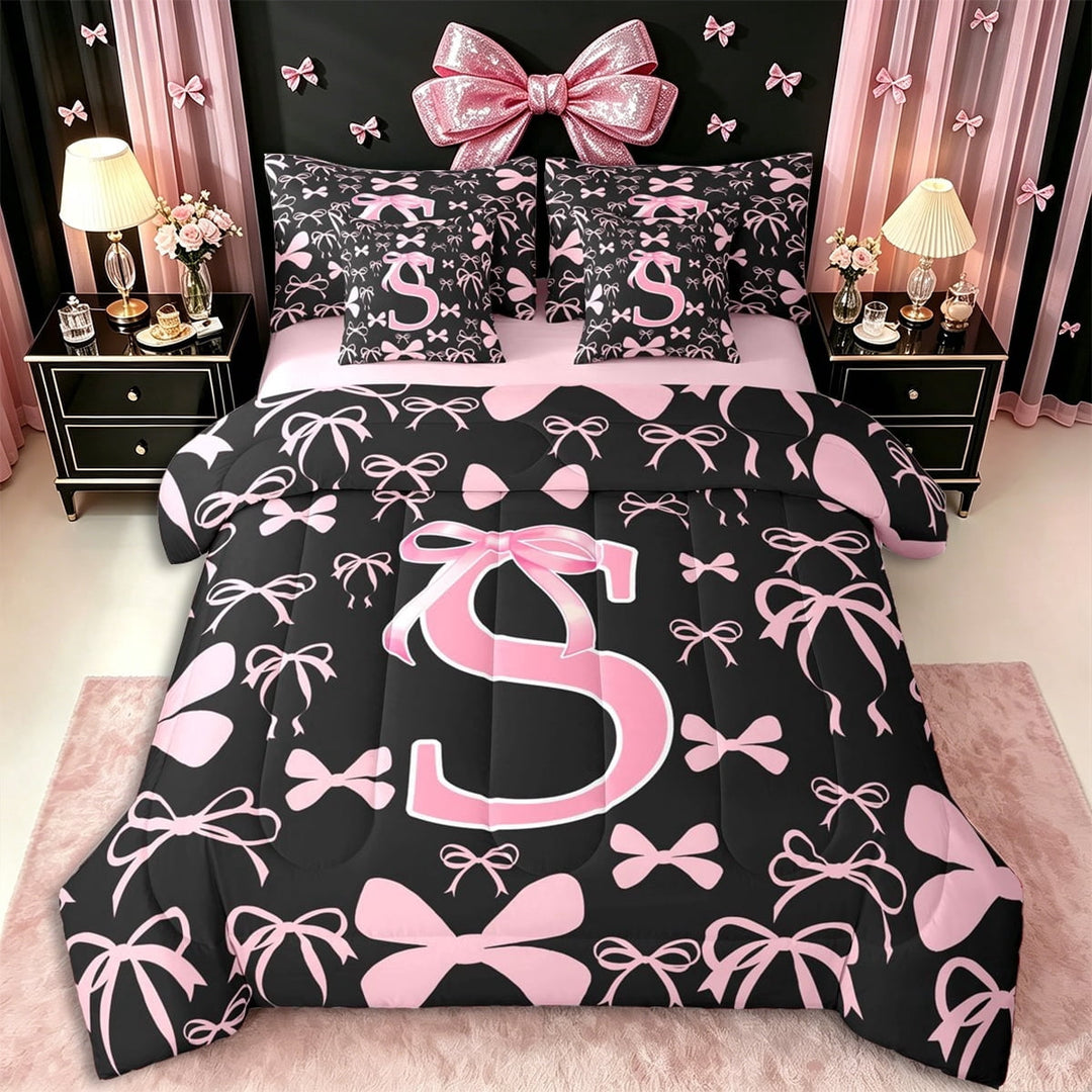 Erosebridal Letter Monogrammed S Twin Bedding Sets 7-Piece,Kawaii Ribbon Bow Bedding Comforter Set,Pink Reversible,Breathable Home Decor