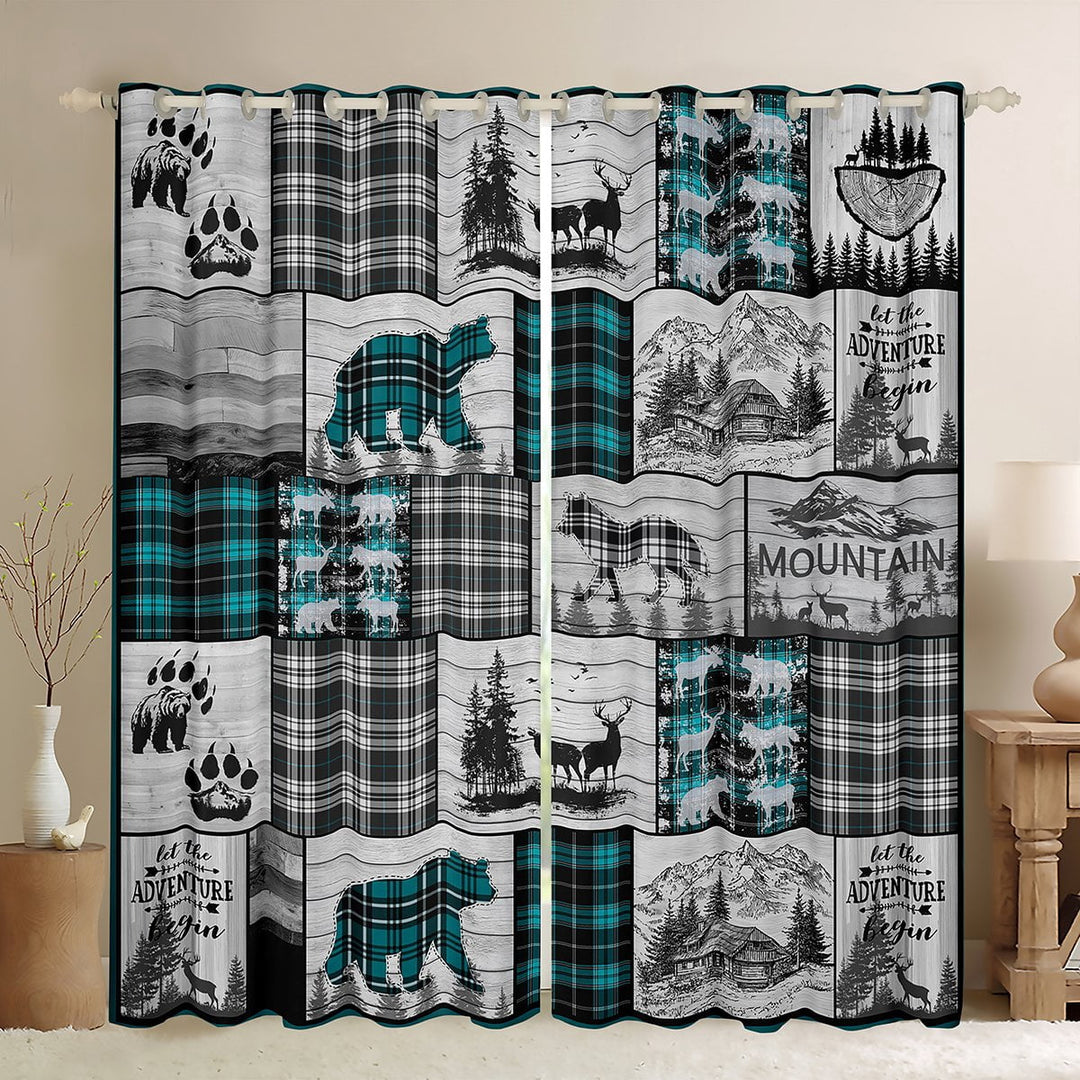 Rustic Farmhouse Window Curtains Hunting Wolf Bear Deer Curtains &amp; Drapes 52Wx63L,Black Teal Grey Buffalo Plaid Cabin 30%-50% Blackout Curtains For Bedroom Woodland Wildlife Window Curtains