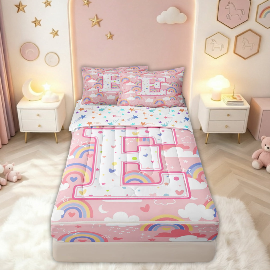 meiyoeat Rainbow E Initial Zipper Comforter Set with Fitted Sheet and 2 Pillowcases for Girls Kids, Galaxy Stars Cloud Zipper Bedding Set, Pink Multicolor, Colorful Star Reversible, 3 Pieces