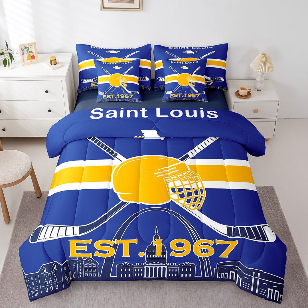Hockey 7 Piece Bedding Sets Winter Sports Comforter Bed in a Bag Ice Hockey Printed Quilt with Sheet Set, Teen Bedroom Decor,Twin 7Pcs,Saint Louis