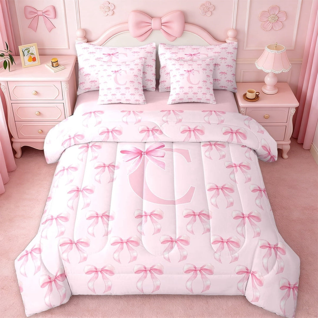 Erosebridal Pink Princess Bow 7-Piece Twin Bedding Sets For Teen Girls,Cartoon Letter C Monogrammed Bedding Comforter Set,Pink Reversible