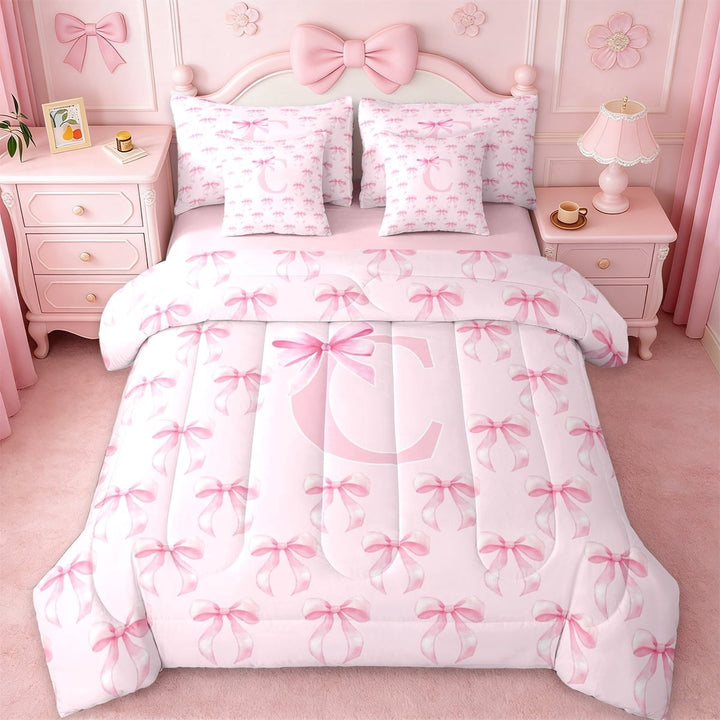 Erosebridal Pink Princess Bow 7-Piece Twin Bedding Sets For Teen Girls,Cartoon Letter C Monogrammed Bedding Comforter Set,Pink Reversible