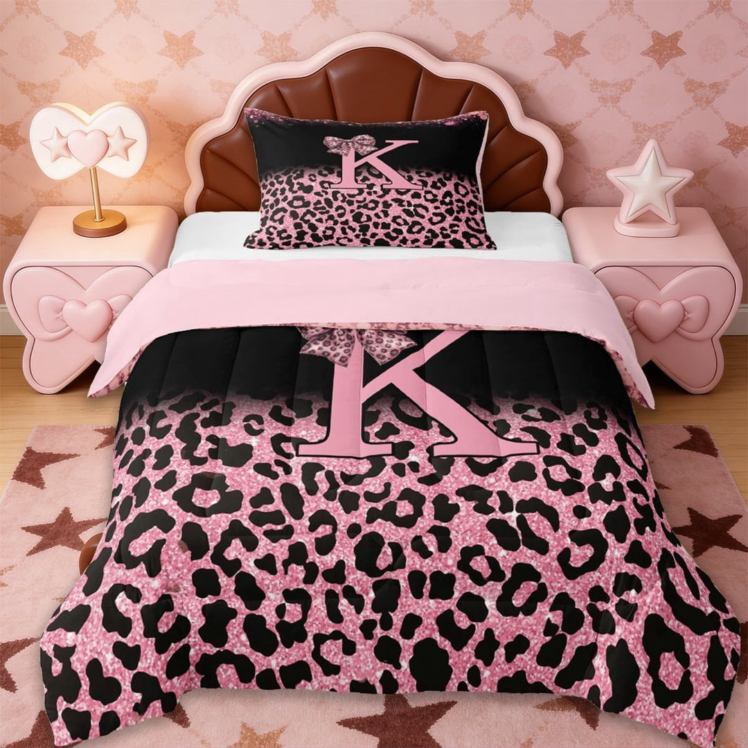 Erosebridal Fashion Letter K Monogrammed Twin Comforter Sets For Cheetah Lover,Kids Pink Leopard Pattern Bedding Set For Girls Women,Reversible pink,2pcs