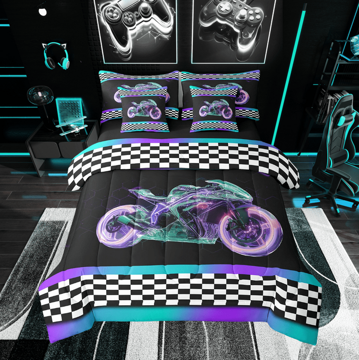 Erosebridal Dirt Bike Bedding Twin Size, Sports Game Bedding Sets Twin Size, Geometric Decor, Reversible 7-Piece