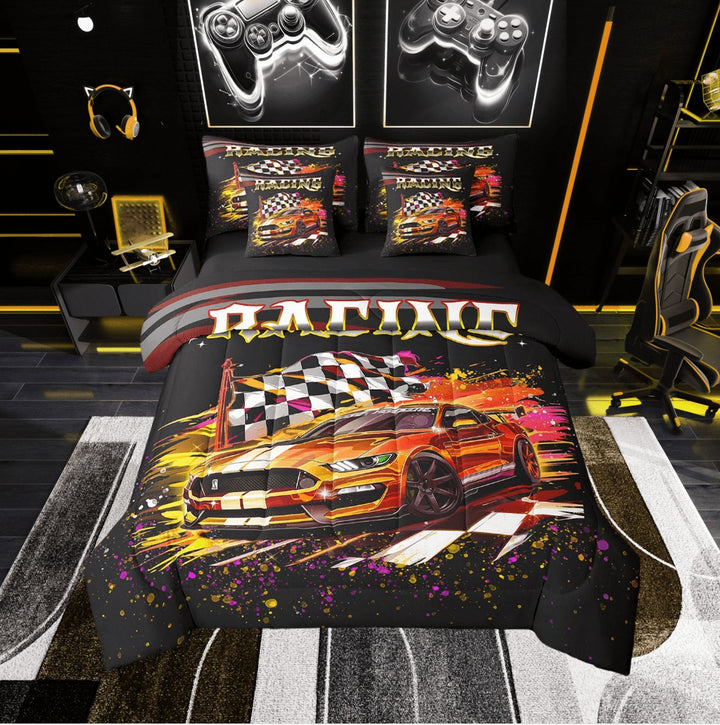 Sports Car 7 Piece Comforter Set Twin Orange Black Race Car Bedding Set Extreme Sports Bed In A Bag Adults Men,Racing Car Black White Checkered Flag Sheet Set With Comforter