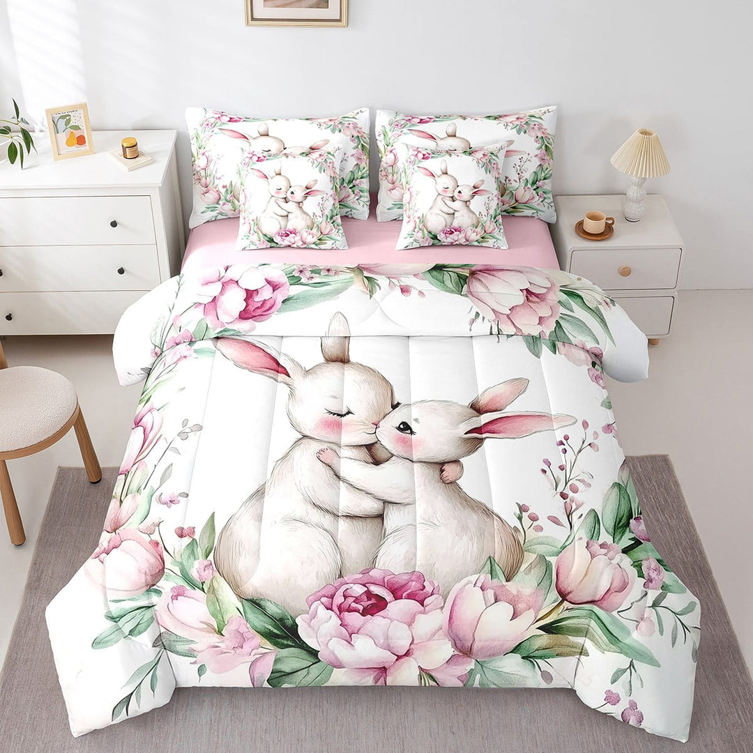 Erosebridal Cute Rabbit Comforter Set Kawaii Animal Floral Decor Bedding King, 7-Piece Happy Easter Rabbits Comforter + Flat Sheet + Fitted Sheet + 2 Pillowcases + 2 Throw Pillow Covers