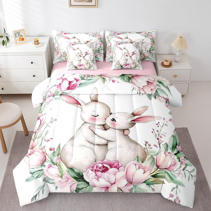 Erosebridal Cute Rabbit Comforter Set Kawaii Animal Floral Decor Bedding King, 7-Piece Happy Easter Rabbits Comforter + Flat Sheet + Fitted Sheet + 2 Pillowcases + 2 Throw Pillow Covers