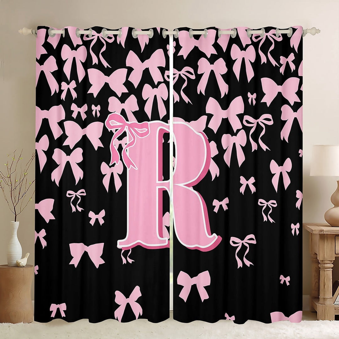 jejeloiu Initial Letter R Blackout Curtains Set of 2 (52x84 Each),Kawaii Bow Bowknot Window Curtains,Light Pink Black Curtains and Drapes For Girls,Breathable Bedroom Decoration