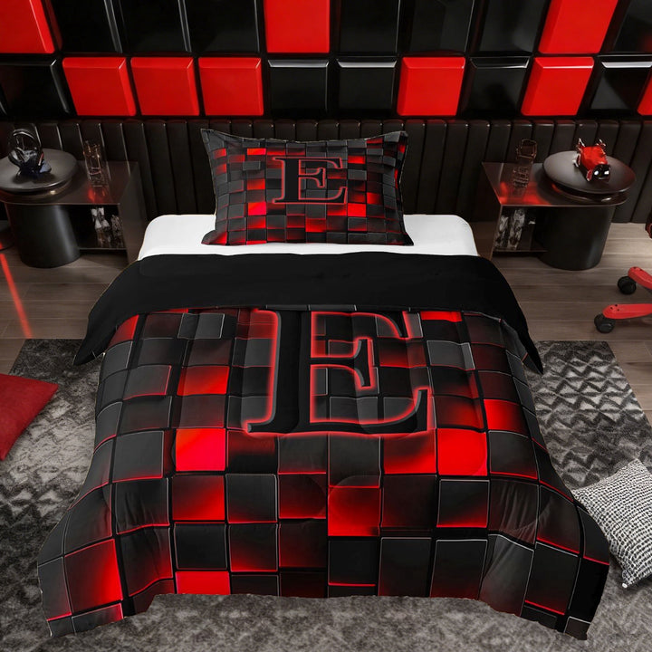 Erosebridal Letter Monogrammed E Boy Twin Comforter Sets 3-Piece,Teens Children Black Red Futuristic Cubes Bedding Set,Black Reversible