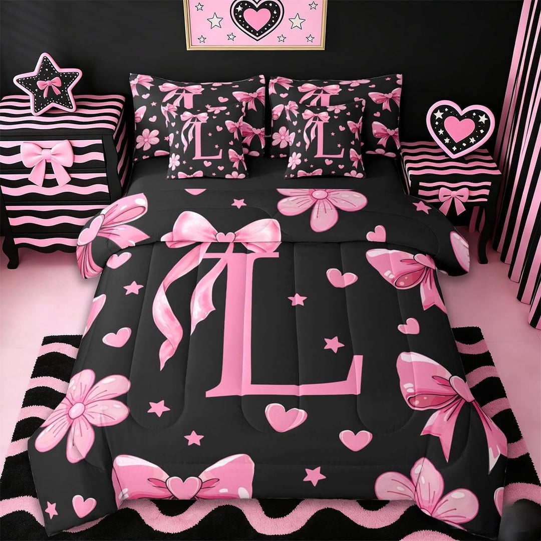 Erosebridal Letter L Monogrammed 7-Piece Twin Bedding Sets,Pink Ribbon Bow Girls Bedding Comforter Set For Kids,Reversible black