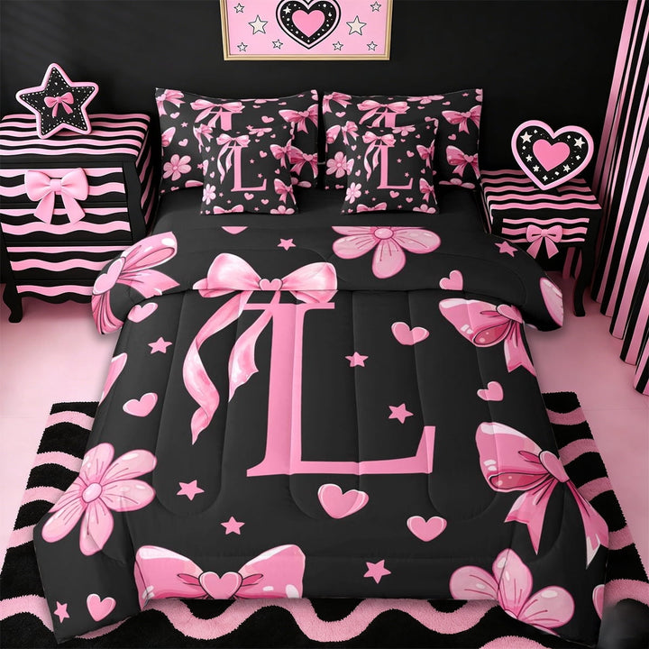 Erosebridal Letter L Monogrammed 7-Piece Twin Bedding Sets,Pink Ribbon Bow Girls Bedding Comforter Set For Kids,Reversible black