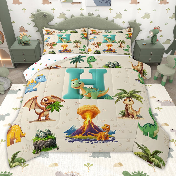 Erosebridal Dinosaur Letter H Twin Comforter Sets for Kids Boys Girls, Cartoon Dino Animals Bedding Set, Polka Dots Reversible, 2pcs