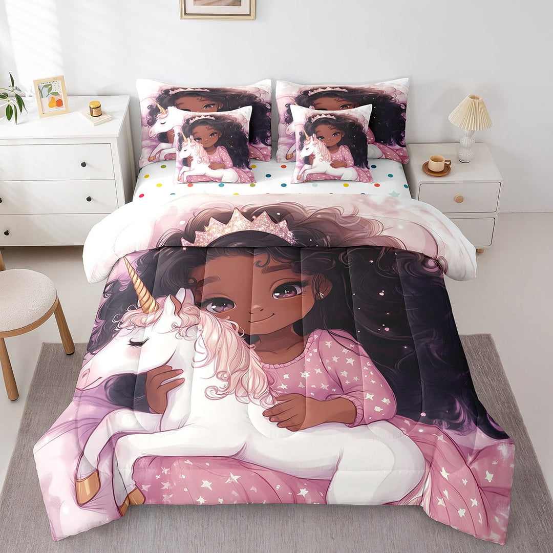 Black Bedding Sets White Unicorn Kawaii Bed In A Bag Pink Princess Twin Comforter Set American Fitted Sheet Teens