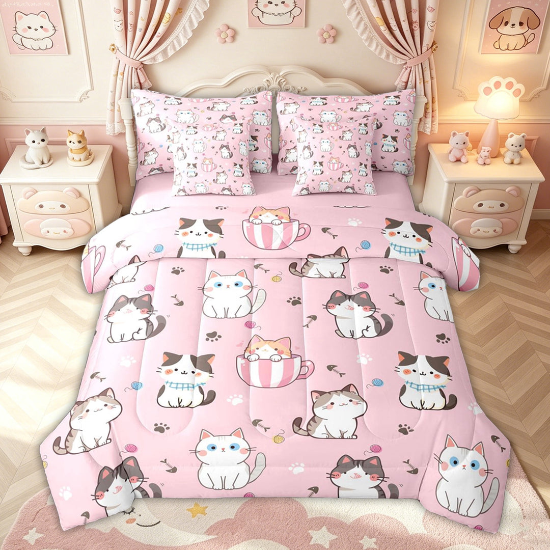 meiyoeat Pink Kawaii Cat Full Size Bedding Sets for Kids Girls, Cute Kitten Animal Full Size Bed in a Bag, Pink Reversible, 7pcs