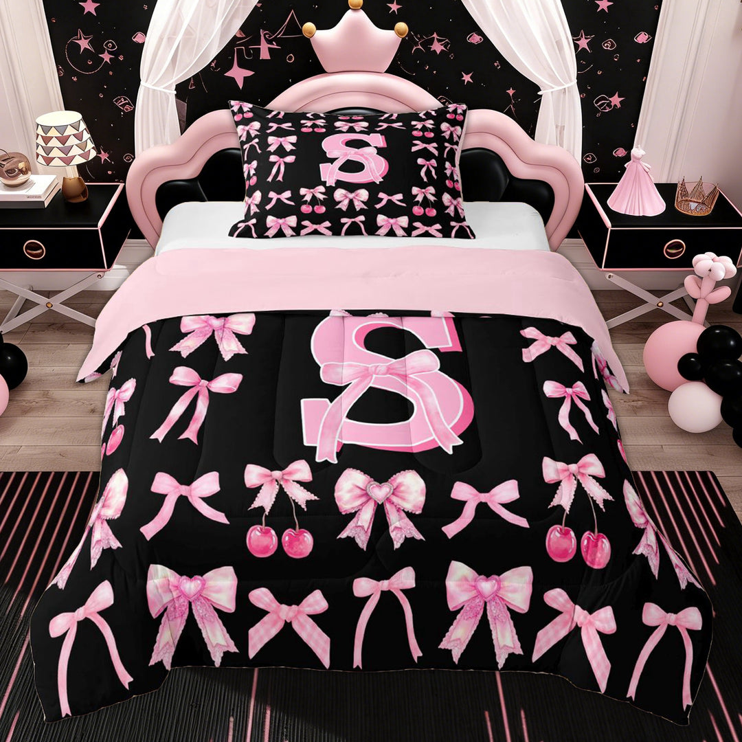 Erosebridal Kid Cartoon S Letter Twin Comforter Sets, Kawaii Bowknot Cherry Bedding Set, 2 Pieces