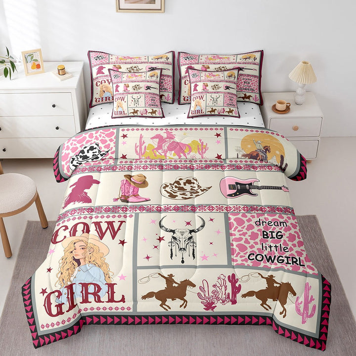 7Pcs Twin Size Western Bedding Pink Cow Print Comforter Sets with Sheets, Western Cowgirl Bedroom Comforter with Throw Pillow Covers, Cow Hat Boots Pattern Bed Set with Pillowcases