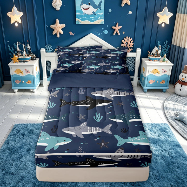 meiyoeat Cartoon Shark Whale Shark Ocean Zipper Comforter Set with Fitted Sheet and 2 Pillowcases for Boys Girls, Starfish Sea Marine Zipper Bedding Set, Navy, Blue Reversible, 3-Piece