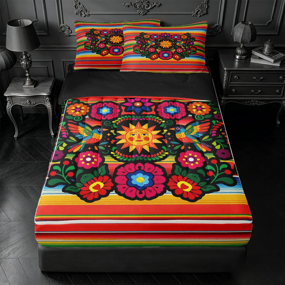 meiyoeat Colorful Fiesta Zipper Full Size Comforter Sets with Fitted Sheet and 2 Pillowcases,Men Women,Folk Print Zipper Bedding Set For Men Women,Black Reversible,4 Pieces