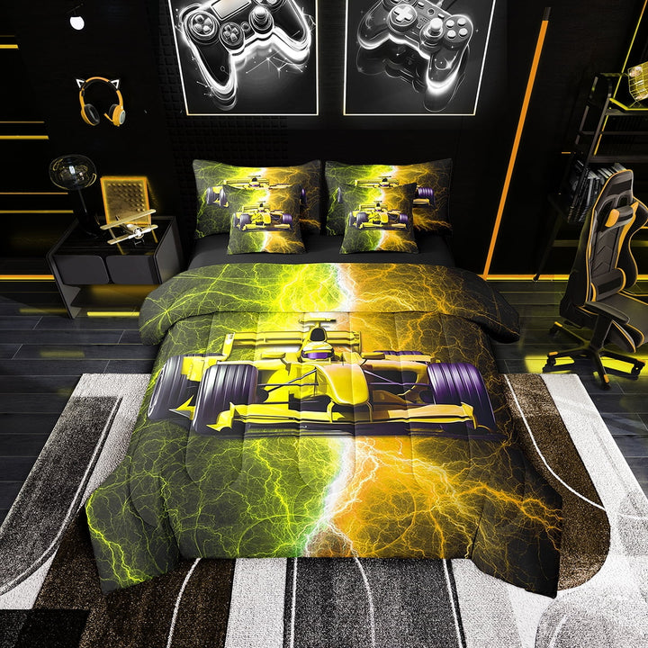 Erosebridal Speed Racing Car Bedding Full Size 7pcs , Lightning Comforter Sets with Sheets, Microfiber
