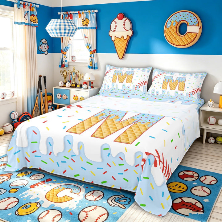 Meiyoeat Sprinkle Ice Cream Baseball Full Size Sheets for Boys Girls Kids, Chic Sprot Monogram M Bed Sheets, Blue, 4pcs