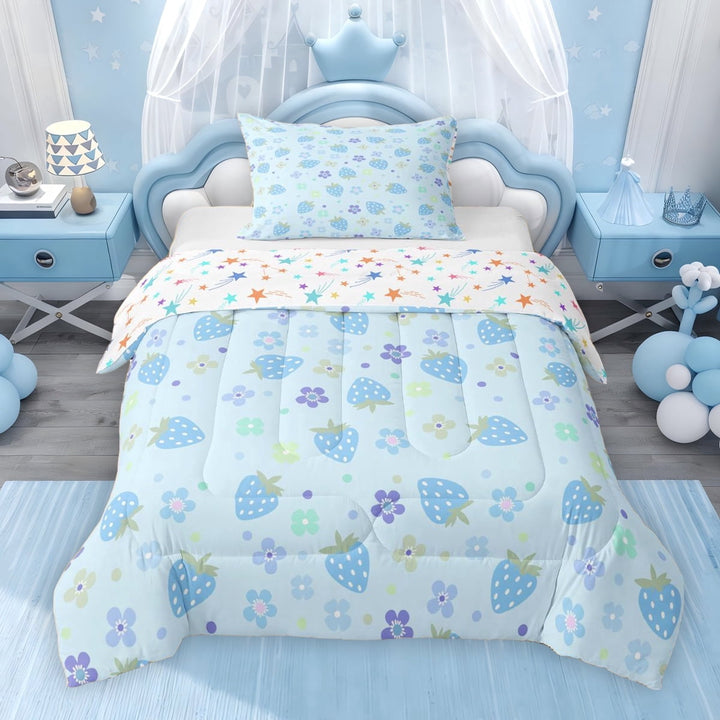 Erosebridal Kawaii Strawberry Twin Comforter Sets for Kids Girls, Chic Blossoms Bedding Set, Blue, Colorful Stars Reversible 2 Pieces, 1 Comforter and 1 Pillowcase