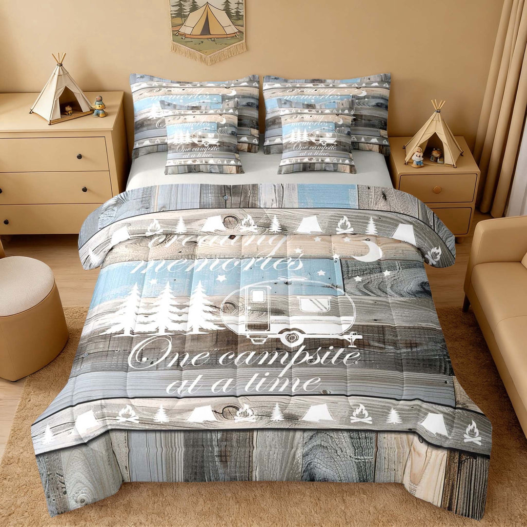 Erosebridal Gray Blue Wood Camper RV Print Bedding Comforter Set, Farmhouse Camping Queen Bedding Sets for Kids Boys and Girls, Gray Reversible 7-Piece