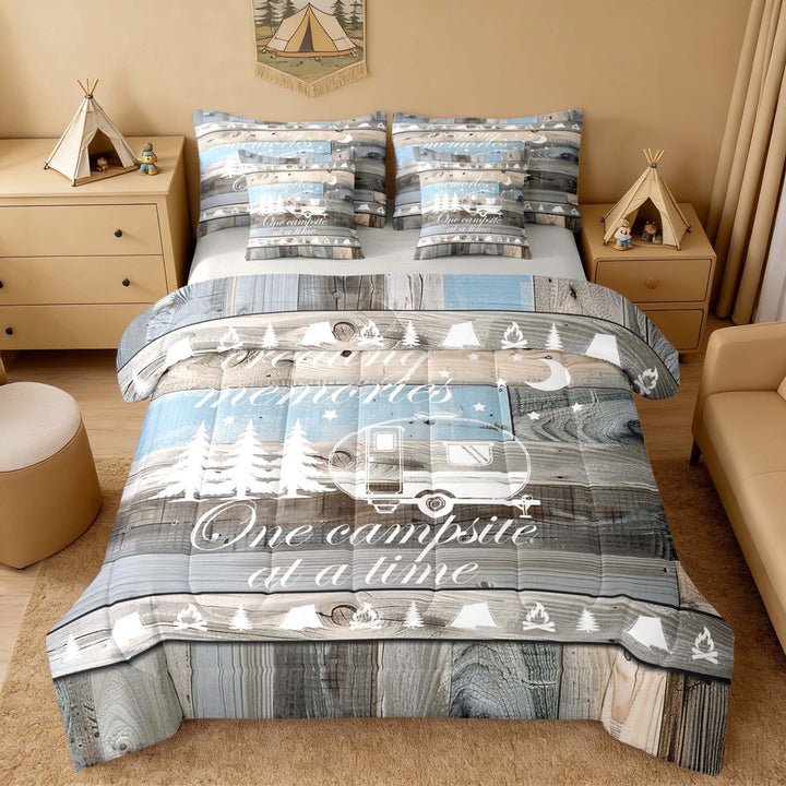 Erosebridal Gray Blue Wood Camper RV Print Bedding Comforter Set, Farmhouse Camping Queen Bedding Sets for Kids Boys and Girls, Gray Reversible 7-Piece