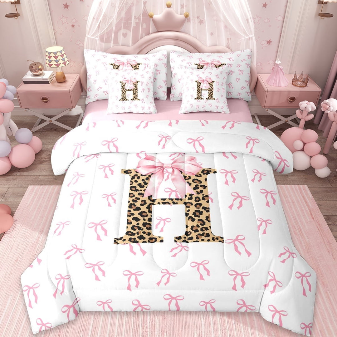 Erosebridal Letter H Monogrammed 7-Piece Twin Bedding Sets,Pink Girly Bowknot Bedding Comforter Set For Leopard Print Lovers,Reversible