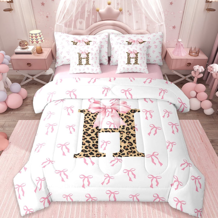 Erosebridal Letter H Monogrammed 7-Piece Twin Bedding Sets,Pink Girly Bowknot Bedding Comforter Set For Leopard Print Lovers,Reversible