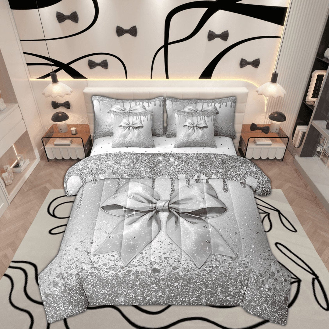 Manfei Sequin Print Bed in a Bag Twin size, Princess Fashion Bowknot Bed Set, Grey Reversible Bedding Twin Size, Super Cozy Room Decor, 7 Pieces