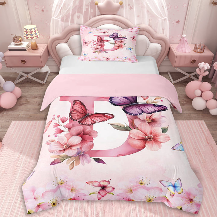 Erosebridal Girls Floral Sakura Personalized D Initial Twin Bedding,Flowers Flying Butterflies Duvet Cover Set For Kids,Pink Reversible,Super Cozy Room Decor,2pcs,No Comforter