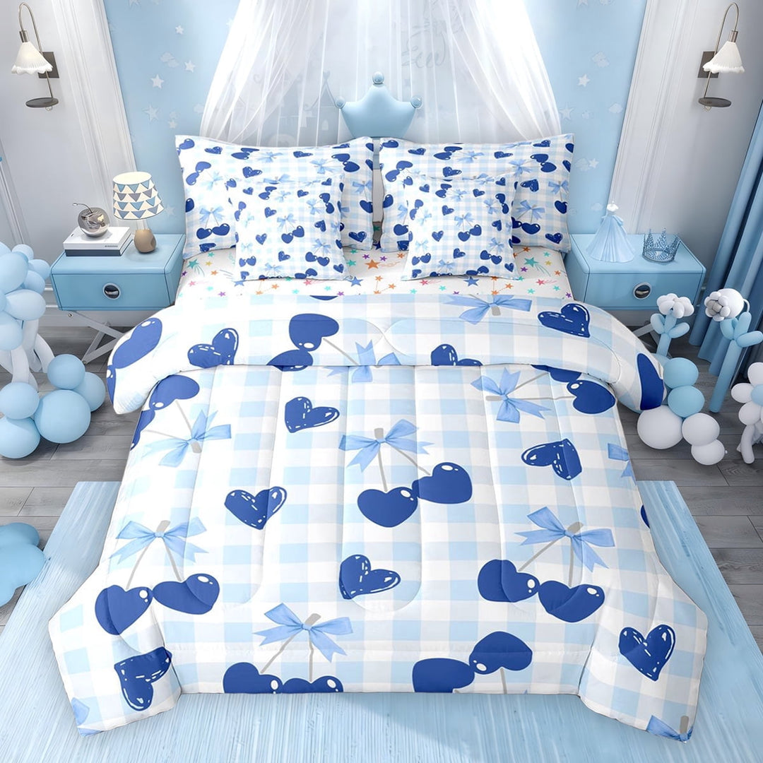 Erosebridal Cute Cherry Bow Twin Bedding Sets for Girls, Blue Plaid Bedding Comforter Set, Colorful Stars Reversible, 7pcs